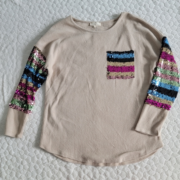 Entro sequin sweater sweatshirt fleece small colorful rainbow pocket top - Picture 8 of 9
